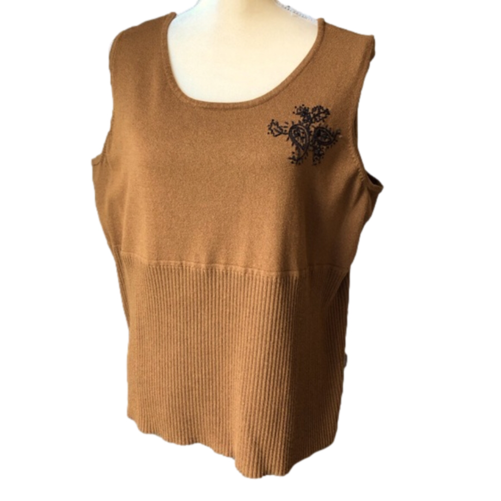 Emma James Womens Sleeveless Sweater Brown with Black Beaded Embellishment
